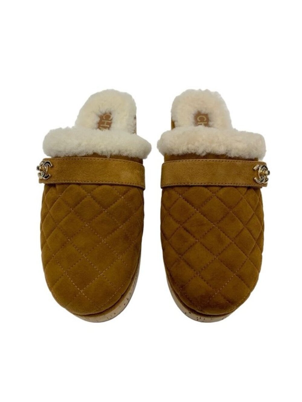 Chanel Sandals Shoes Suede Mouton Cork Brown Gold Clog Mules Turnlock Coco Mark - Picture 2 of 10